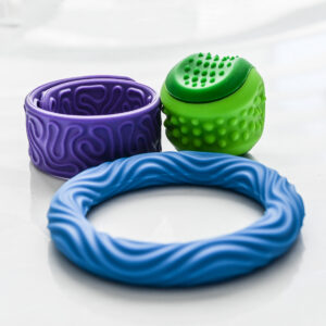 abstract sensory slap bracelet, spikes and bubbles worry stone ball, and waves sensory bracelet