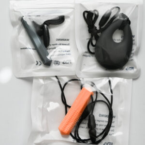 grey prism pendant chew necklace, dark grey teardrop chew necklace, peach color textured prism chew necklace