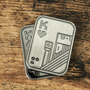 gunmetal silver king card slider slightly slid open revealing the king of hearts engraved on the inside