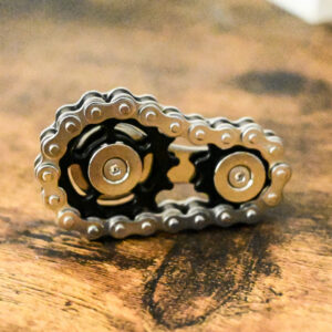 2 black gears and a silver chain