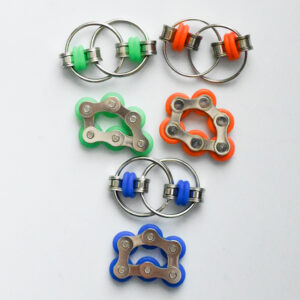 3 bike chain sets with flippy bike chains and roller bike chain fidgets. 1 green set, 1 orange set, 1 blue set.