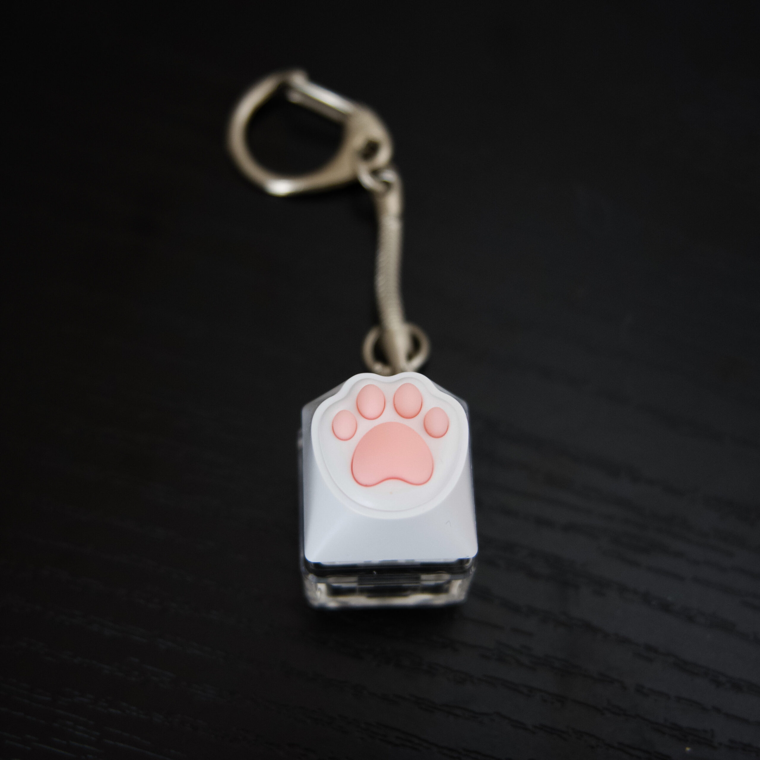 view of the pink paw on the key cap from above.