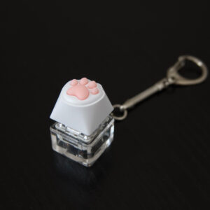 keyboard fidget with a white key and pink paw on top, clear bottom, and a keychain attached. It's on a dark background that provides contrast.