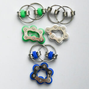 3 bike chain sets with flippy bike chains and roller bike chain fidgets. 1 green set, 1 orange set, 1 blue set.