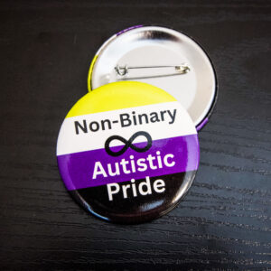 Non-Binary flag as the background with the text "Non-Binary Autistic Pride" with a black infinity symbol after non-binary