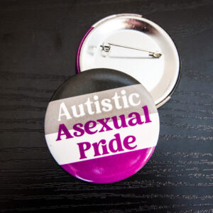 the asexual flag is the background with the text "Autistic" in white and "Asexual Pride" the same purple color in the flag
