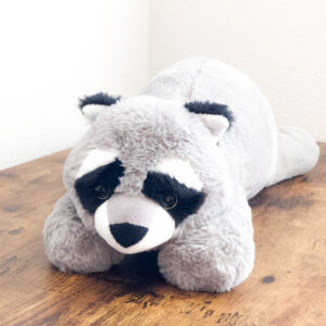 small raccoon plush on a wood table. The focus is on the plush face.